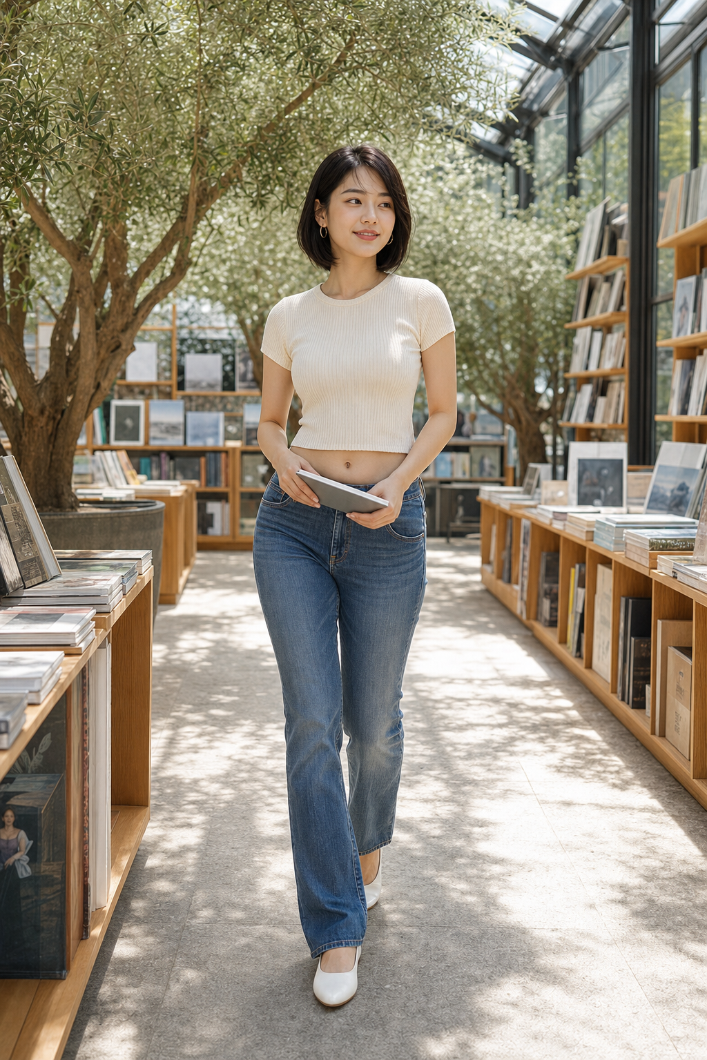 玻璃天井设计书店中穿蓝色紧身牛仔裤的亚洲成年女性
