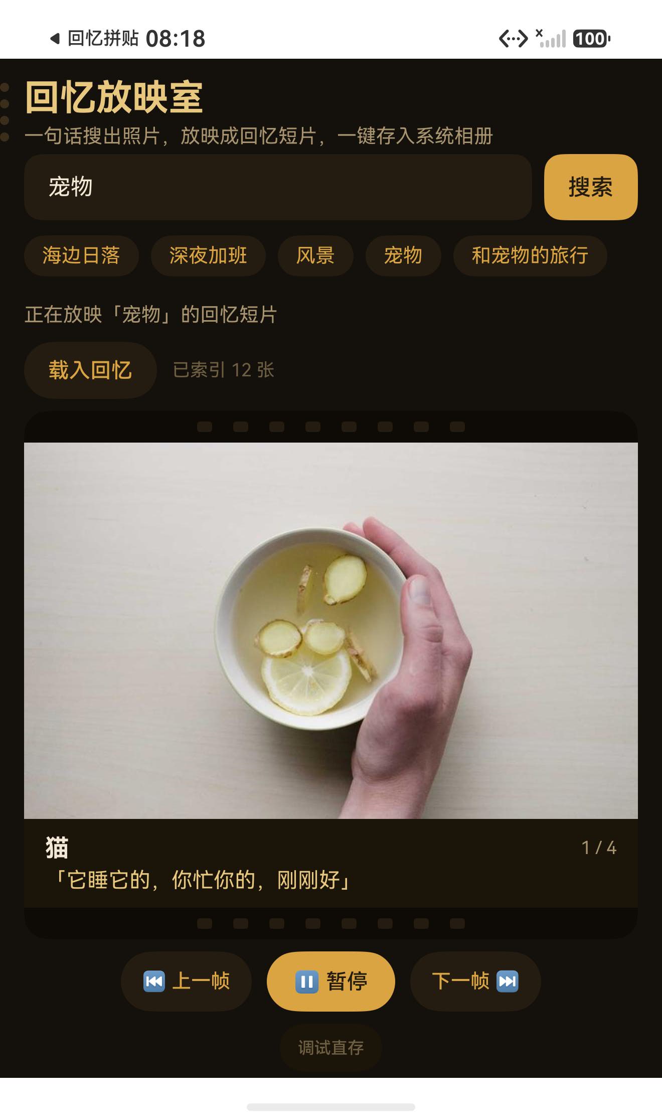 放映中：Ken Burns 缩放 + 胶片边框 + 字幕条