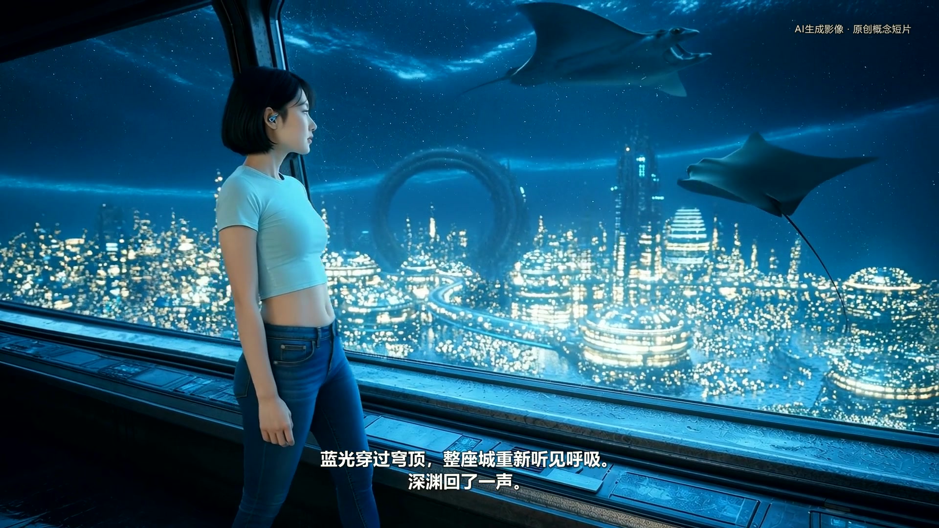成年工程师看着复亮深海城市与游过穹顶的蝠鲼