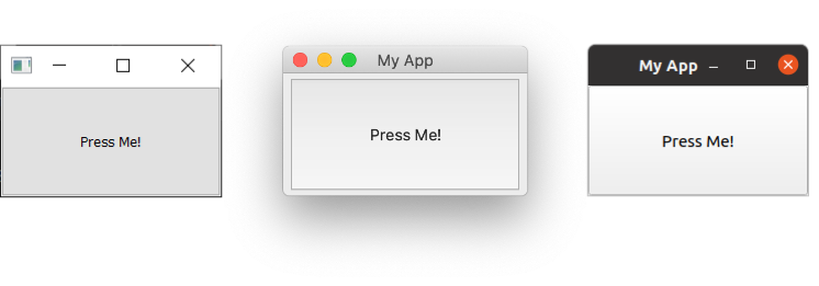 我们的 QMainWindow 带有一个 QPushButton，可在 Windows、macOS 和 Linux 系统上使用。