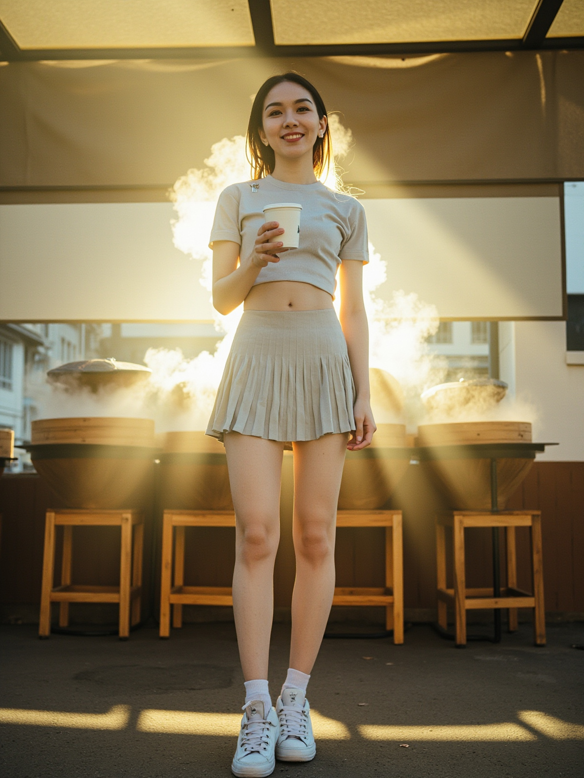 成年亚洲女性在山城早点摊穿成年短百褶裙的时装摄影