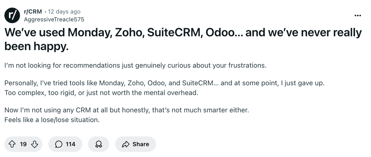 A user in the r/CRM community complained