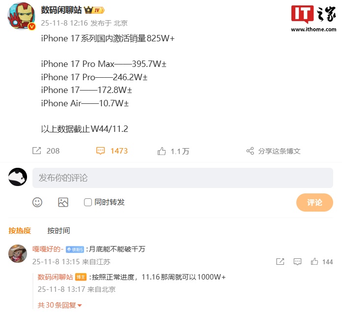 消息称苹果 iPhone 17 系列国内激活销量超 825 万