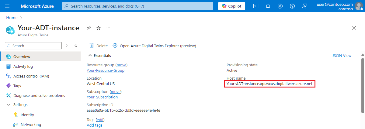 显示 Azure 数字孪生实例的“概述”页面的 Azure 门户的屏幕截图。突出显示了主机名。