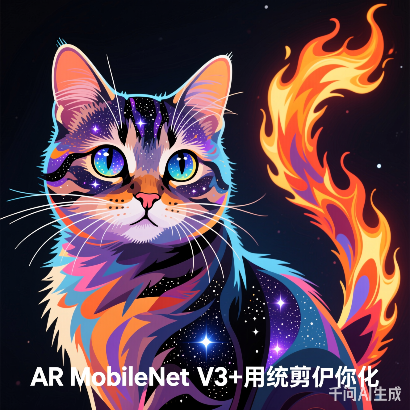 AI画的抽象派猫咪：眼睛是星空，尾巴是火焰