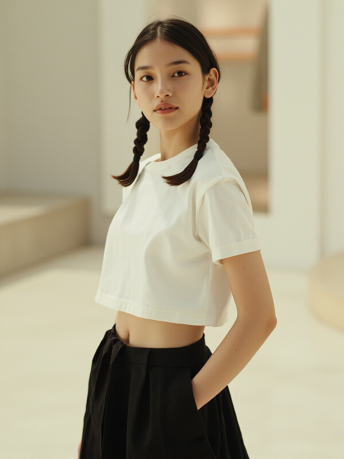 极简概念店内穿深色短百褶裙、手插裙侧口袋的成年女性