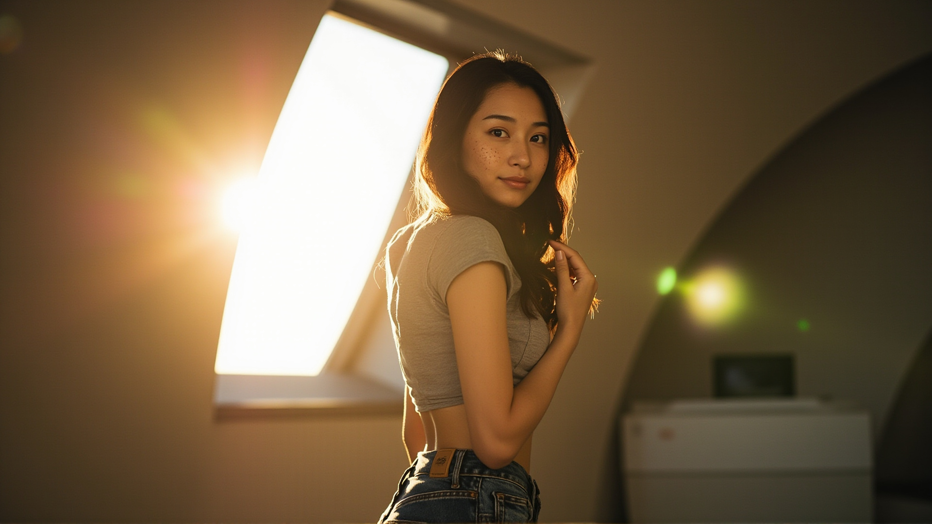 第三镜首帧：女主回身望向开启的穹顶裂隙，晨光落在脸上