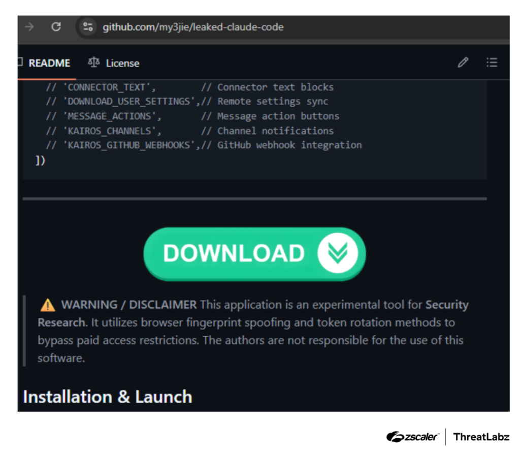 &nbsp;Additional GitHub repository hosting the same Claude Code leak lure with a “Download ZIP” button. (Source: Zscaler)