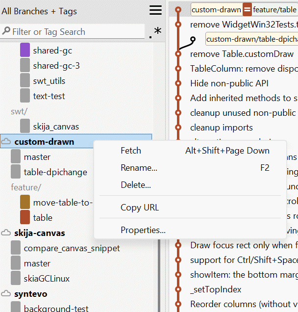 SmartGit 25.1 remote management in All Branches + Tags view with comprehensive remote operations