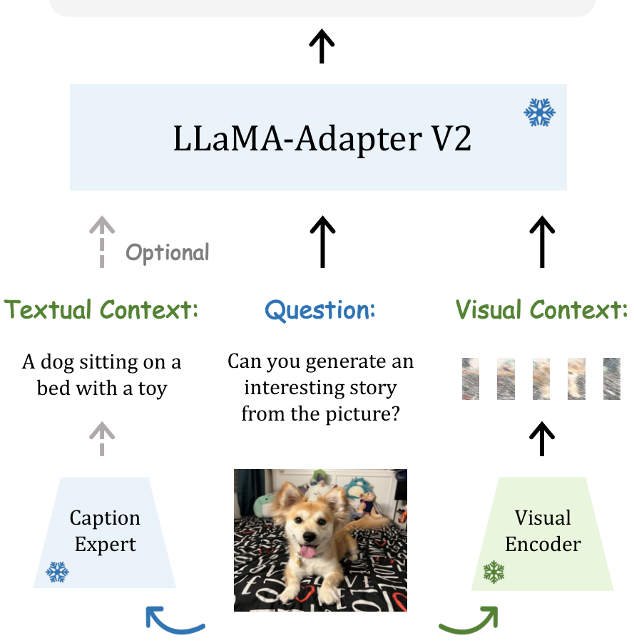 Figure 4. Generation Pipeline of LLaMA-Adapter V2. During inference, we introduce additional caption experts to generate a textual context for the input image, demonstrating strong visual understanding capacity of LLaMA-Adapter V2.