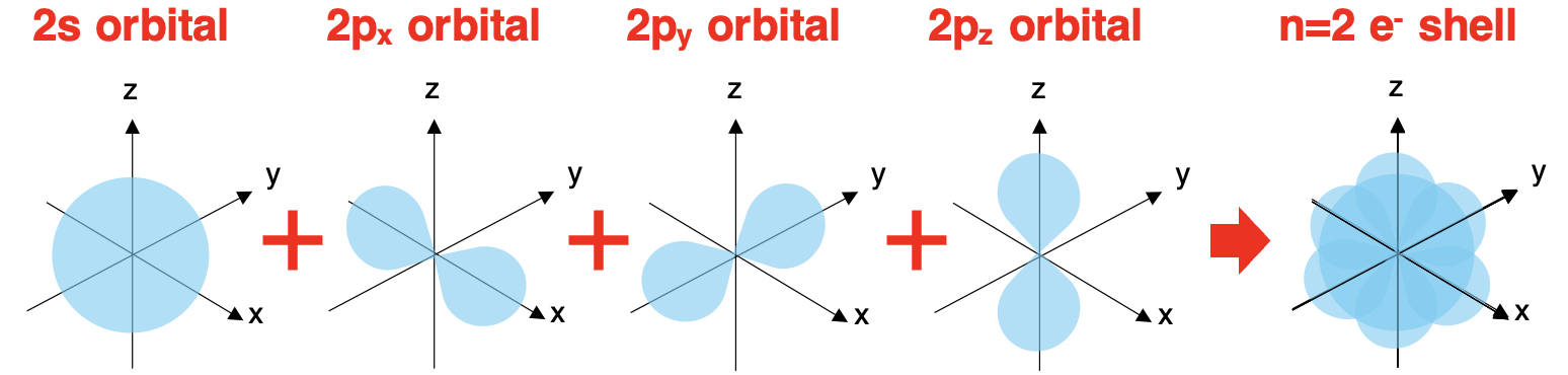 Diagram of 2s and three 2p orbitals and the corresponding electron shell.