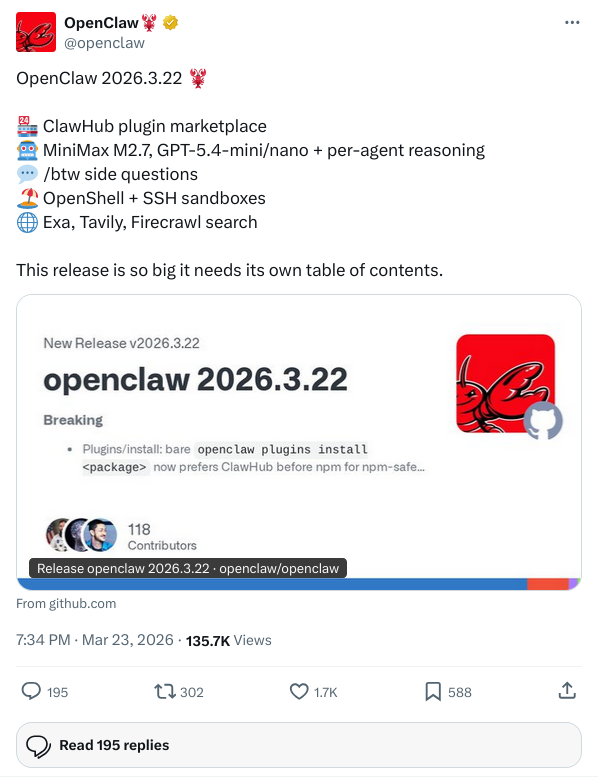 OpenClaw 2026.3.22 官方推文