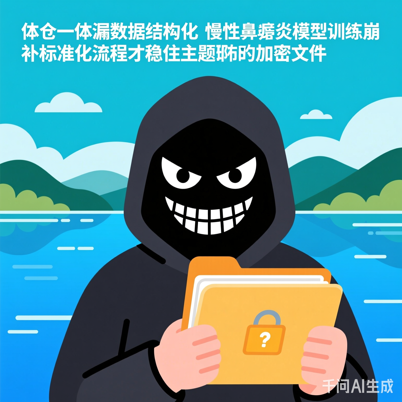 加密文件夹和黑客面具的卡通插图