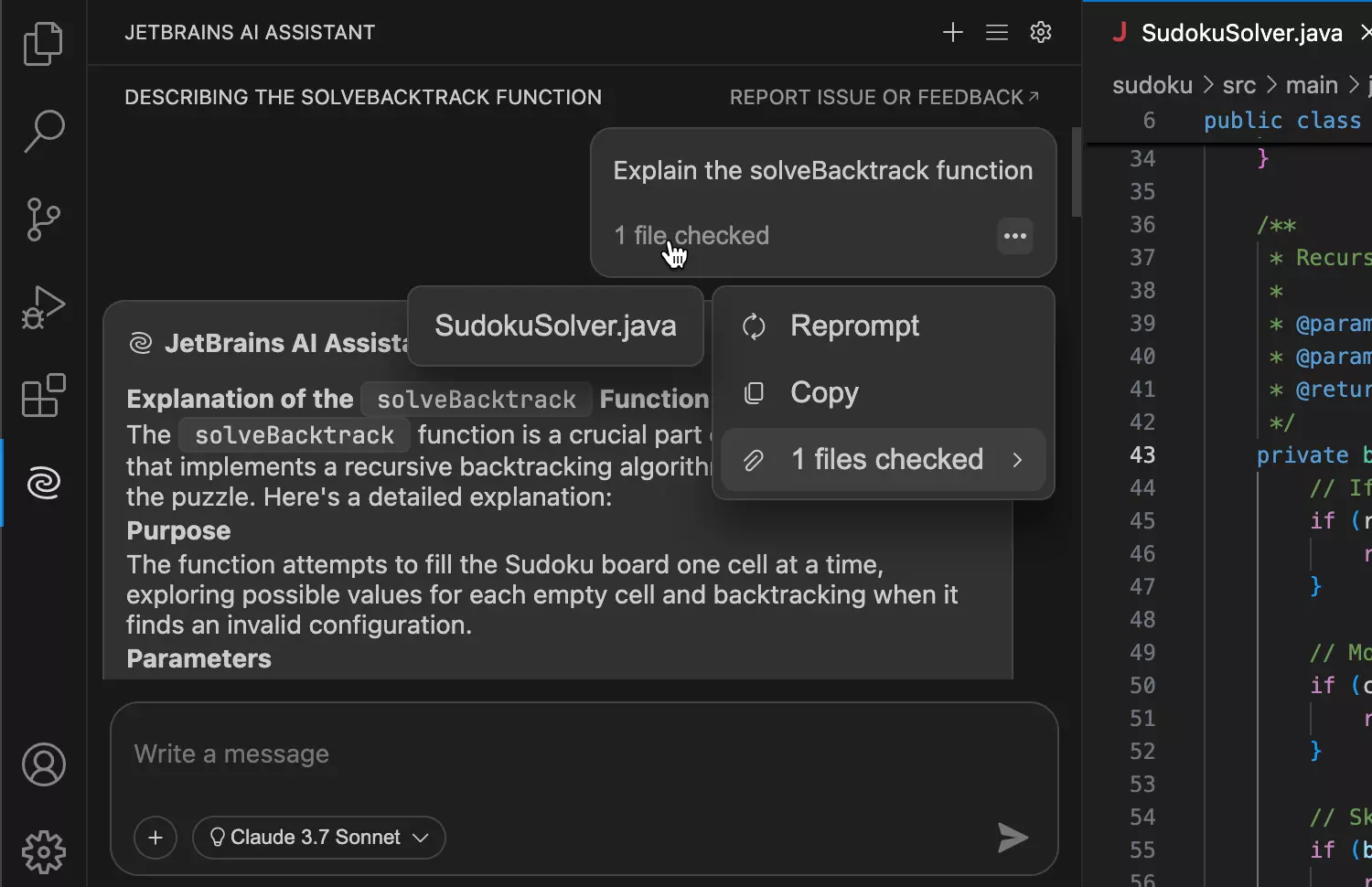 JetBrains AI Assistant 聊天面板示意图