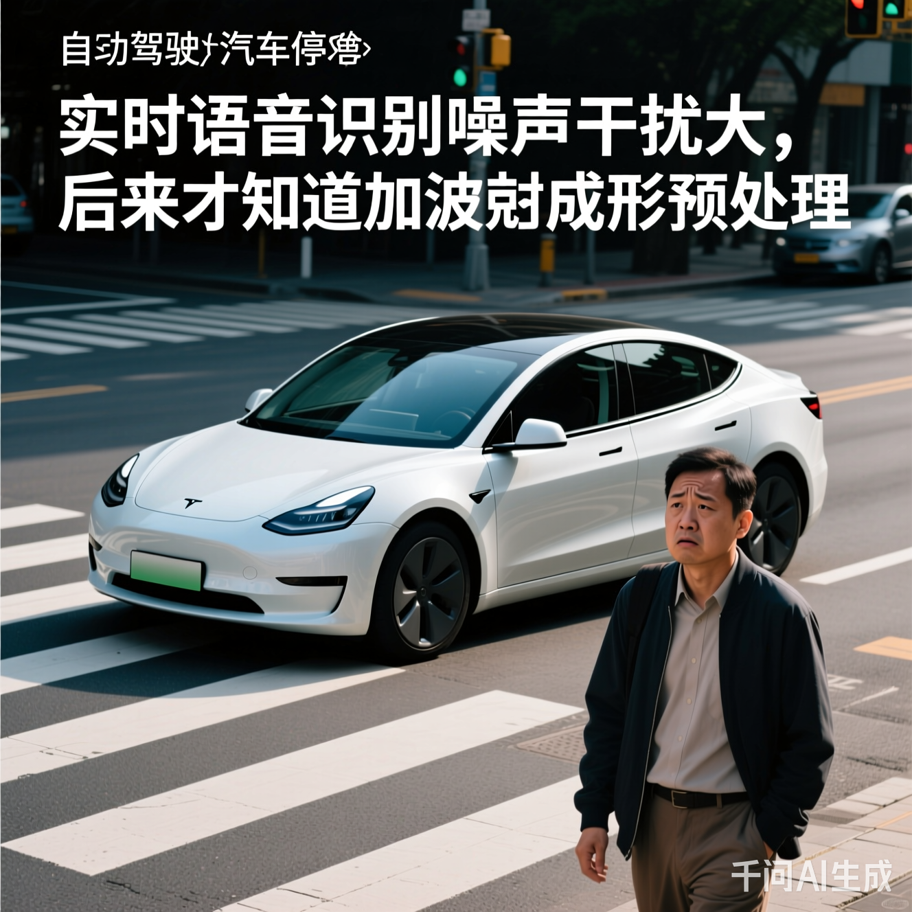 自动驾驶汽车停在斑马线前，行人困惑的表情