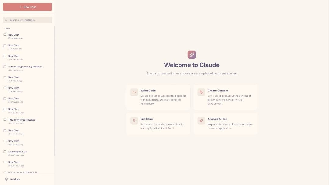 Screenshots taken by Claude through the Puppeteer MCP server as it tested the claude.ai clone.