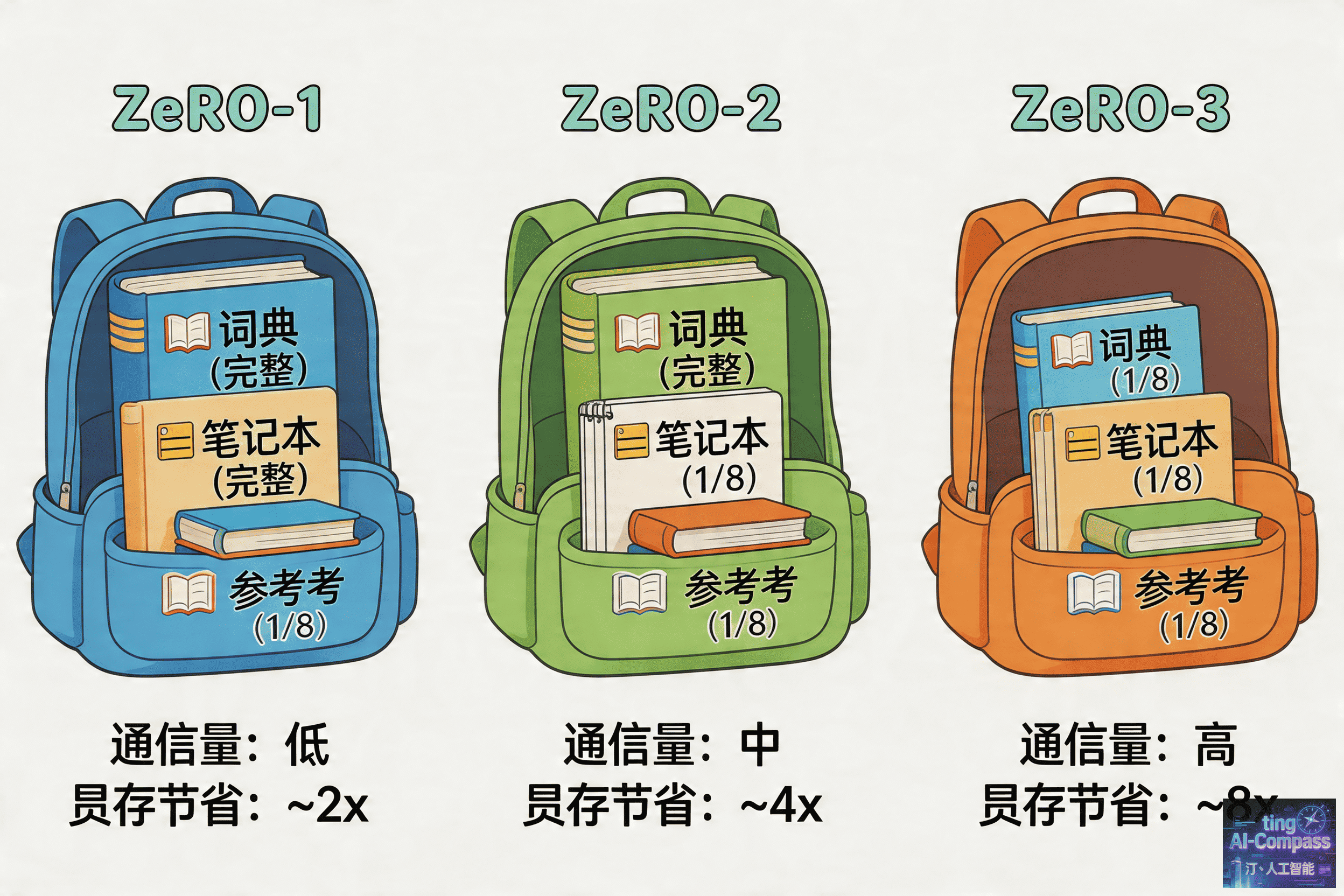 ZeRO三个级别显存占用对比示意图
