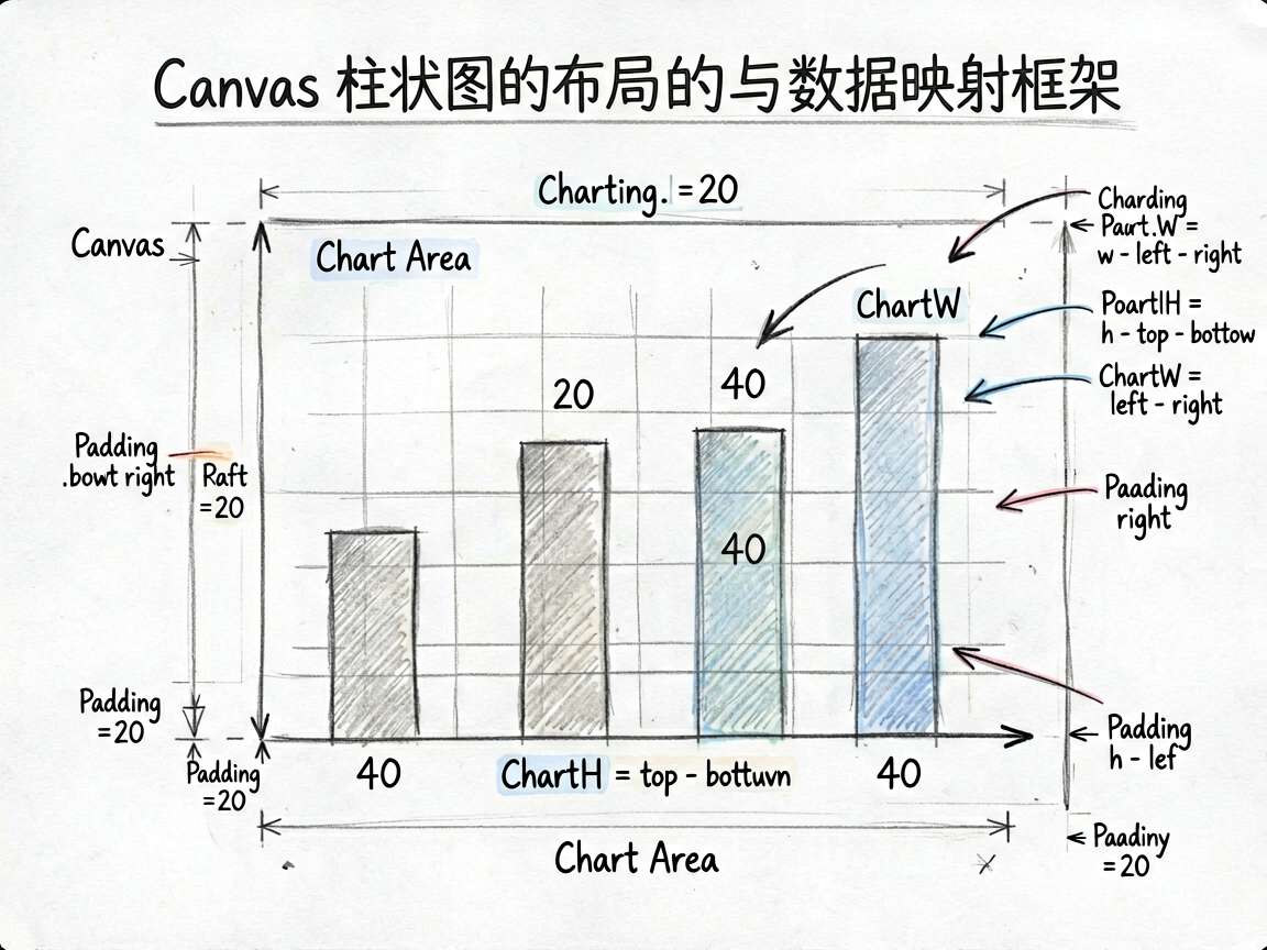 为技术文章绘制一张 sketch-notes 风格的框架图,主题是“Canvas 柱状图的布局与数据