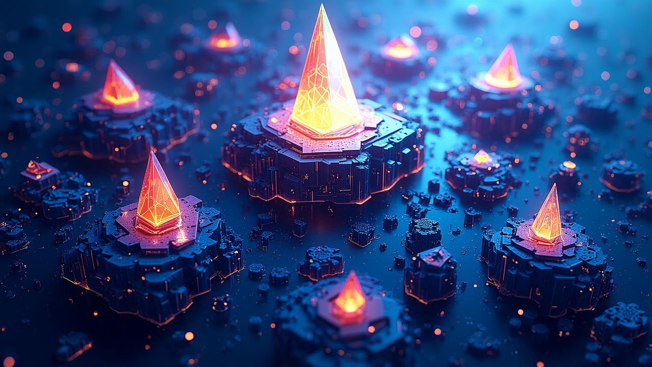 A surreal digital landscape where distinct, floati