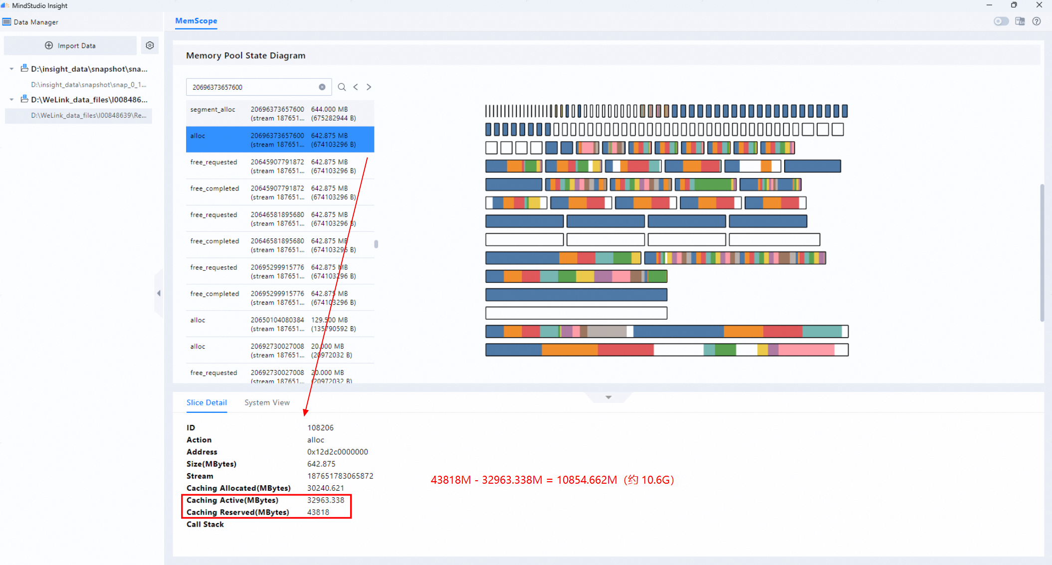图8内存池状态图中存在大块空白内存块
