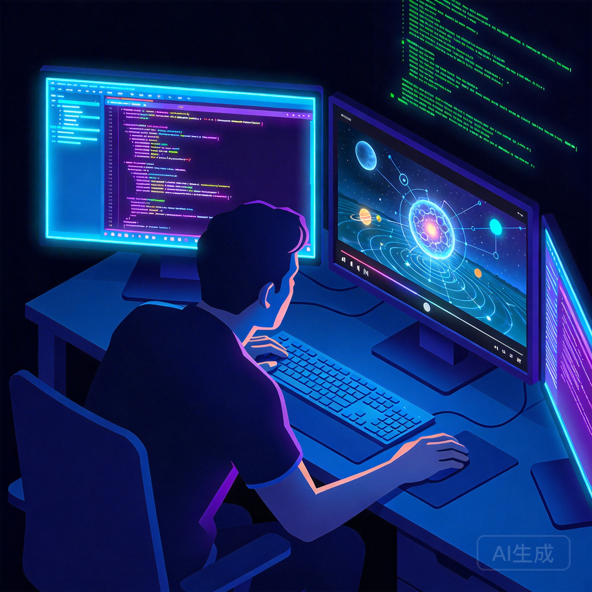 用代码制作专业视频：深色工作站、代码编辑器与视频播放窗口并存的开发者场景