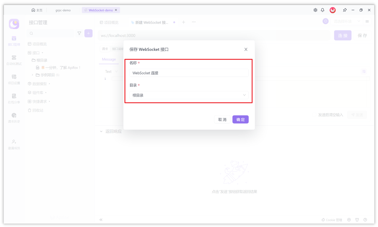 输入 WebSocket 的服务端 URL