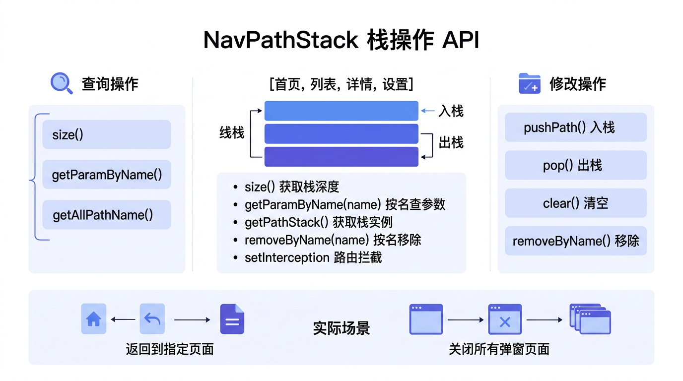 文章配图：NavPathStack 不仅支持 push/pop 操作，还提供了丰富的页面栈查询 API——获取当前页面名