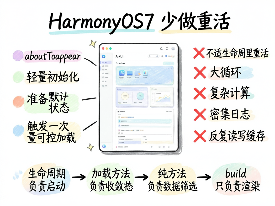 手绘笔记风信息图，主题是 HarmonyOS7 页面生命周期里少做重活。画面中心用一页 ArkUI 