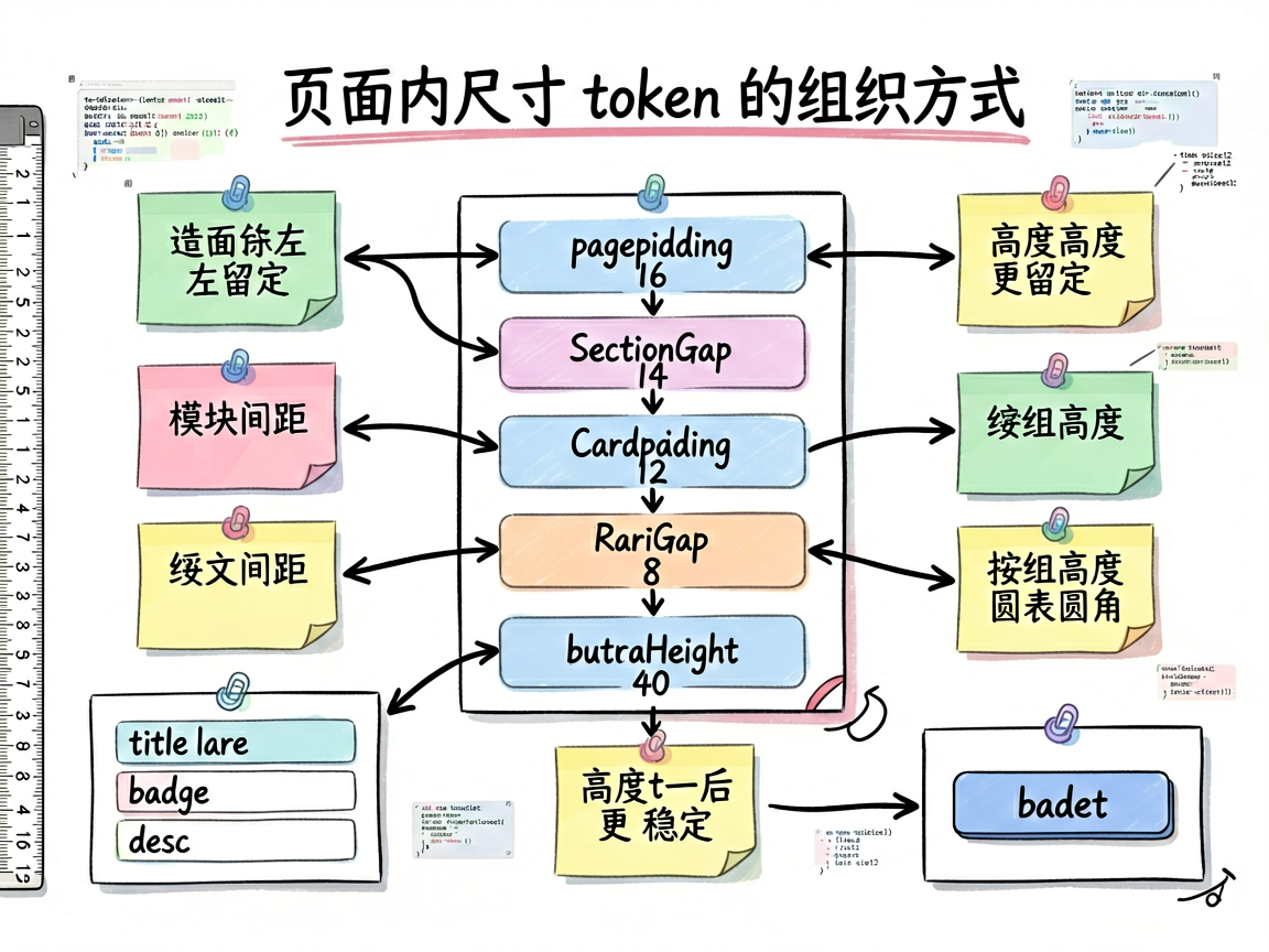 为一篇 HarmonyOS7 ArkUI/ArkTS 教程文章绘制手绘笔记风框架图。主题是‘页面内尺