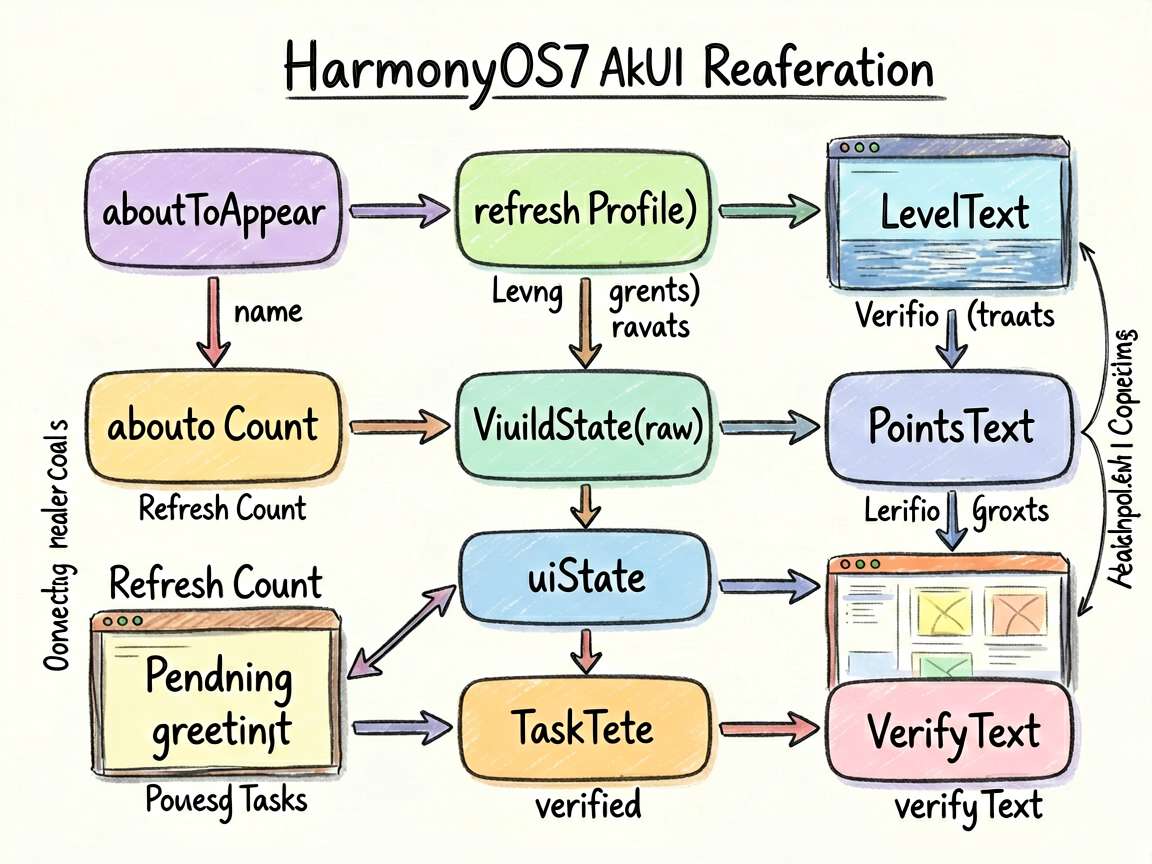 手绘笔记风流程图，主题是 HarmonyOS7 ArkUI 页面刷新用户中心信息的完整数据流。流程从