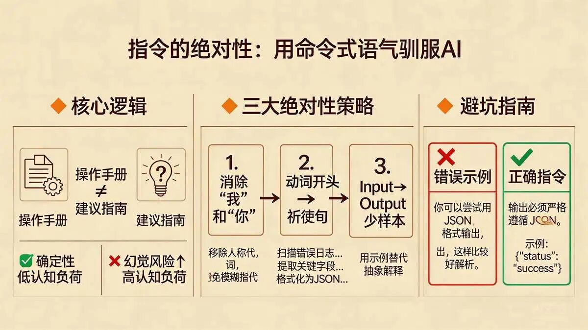 原则 4：指令的绝对性： 命令式语气，正文用祈使句，不用建议/解释