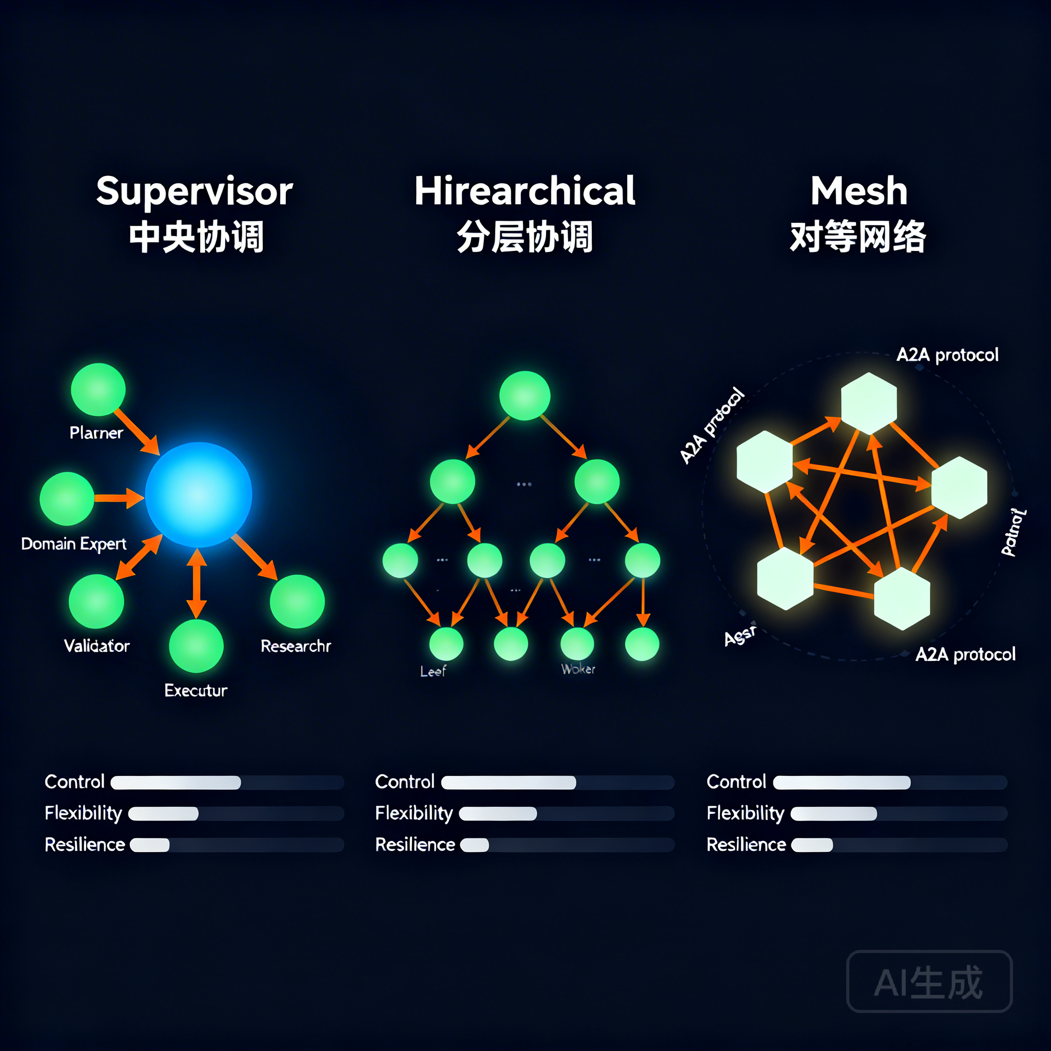 三种 MAS 协调拓扑:Supervisor 中央协调 / Hierarchical 分层协调 / Mesh 对等网络