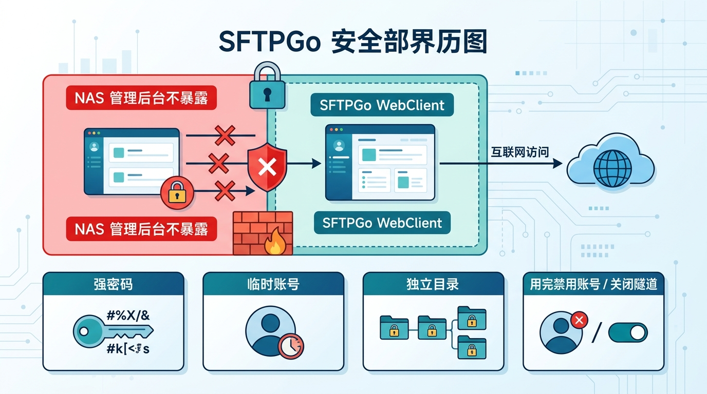 SFTPGo 文件交换安全边界图:只暴露 WebClient,使用强密码、临时账号、独立目录并用完关闭
