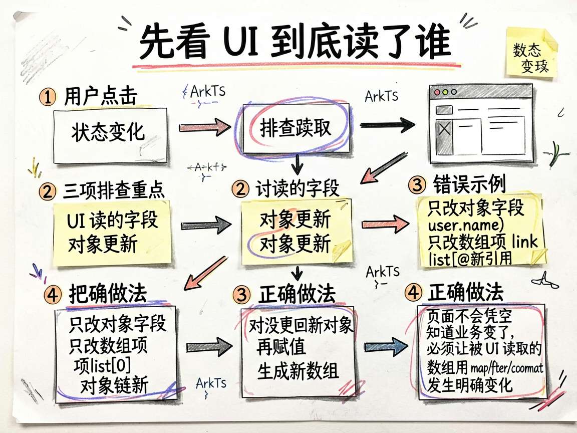 为一篇讲解 HarmonyOS7 ArkTS 状态刷新问题的中文技术文章绘制一张 sketch-no