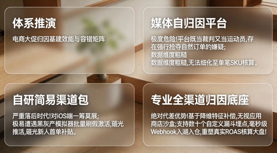 电商 App 全链路归因架构与反作弊效能选型矩阵大屏