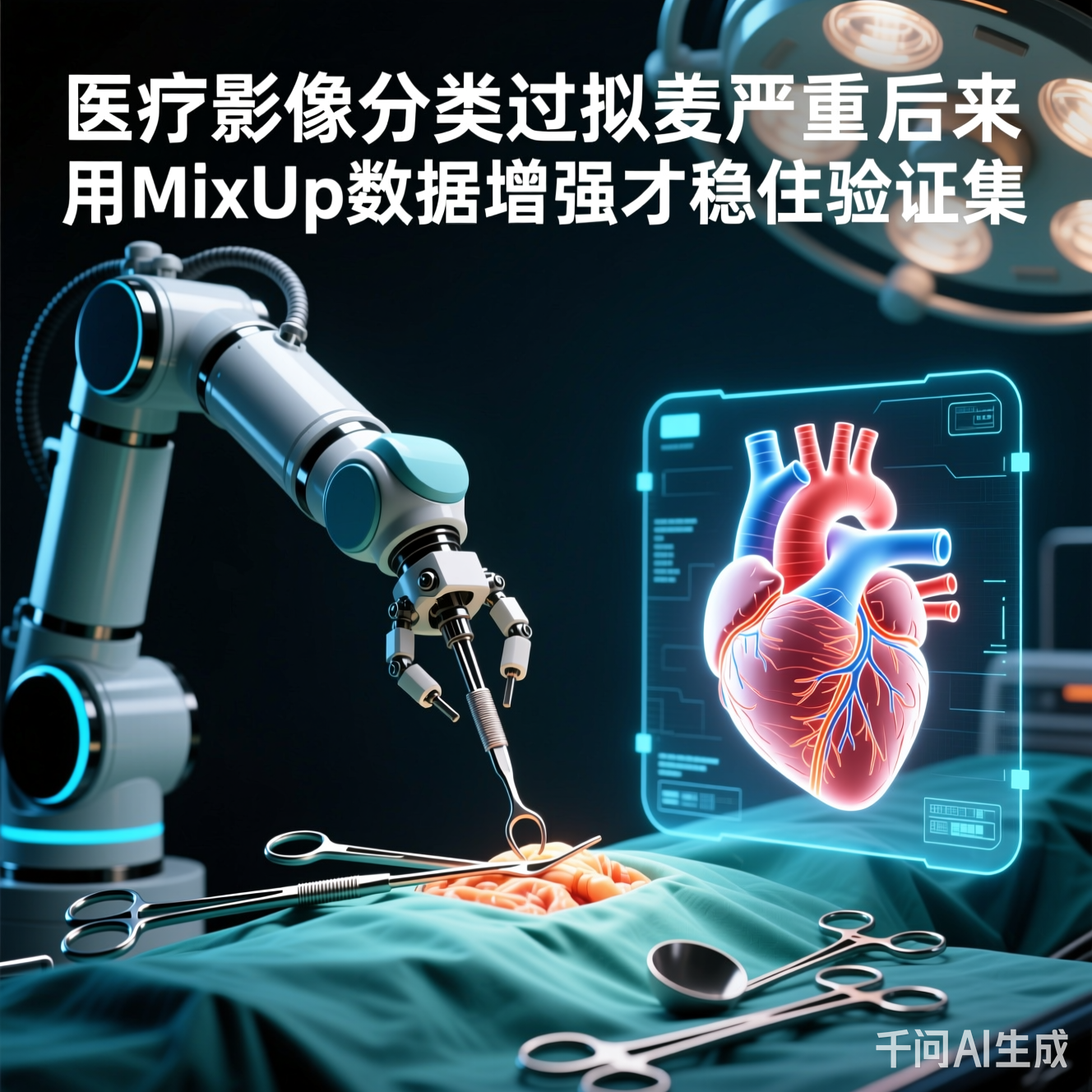 机械臂正在操作手术器械,旁边是全息投影的3D心脏模型