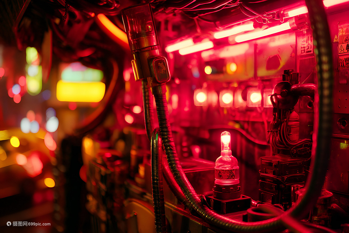 未来设备室中的红色黄色灯光与复杂机械结构 霓虹光轨下的废弃接口：智能城市剪影里的未熄灭指示灯