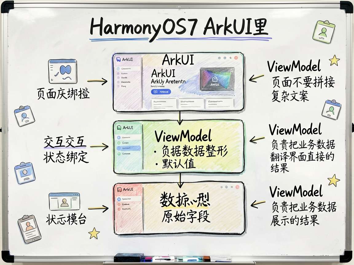 手绘笔记风的技术框架信息图，主题是 HarmonyOS7 ArkUI 里 ViewModel 的职责
