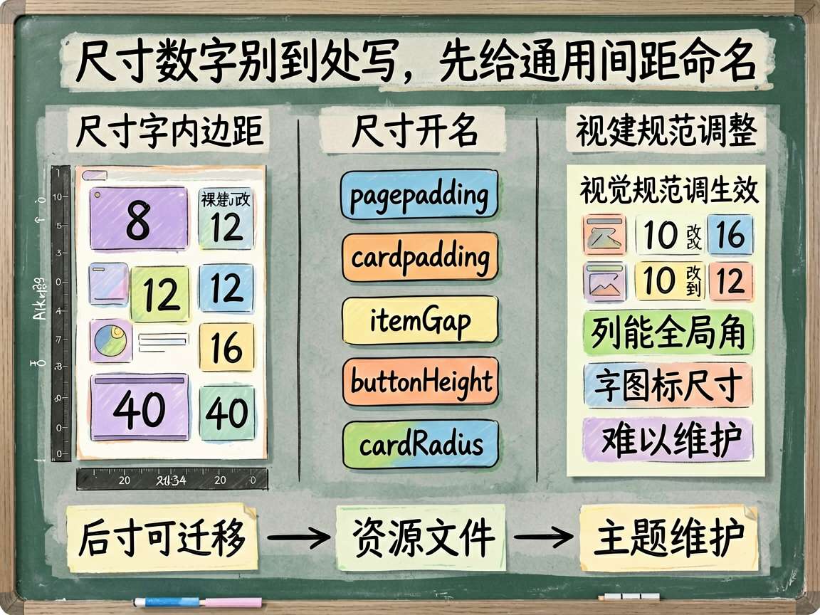 为一篇 HarmonyOS7 ArkUI/ArkTS 教程文章绘制手绘笔记风信息图。主题是‘尺寸数字
