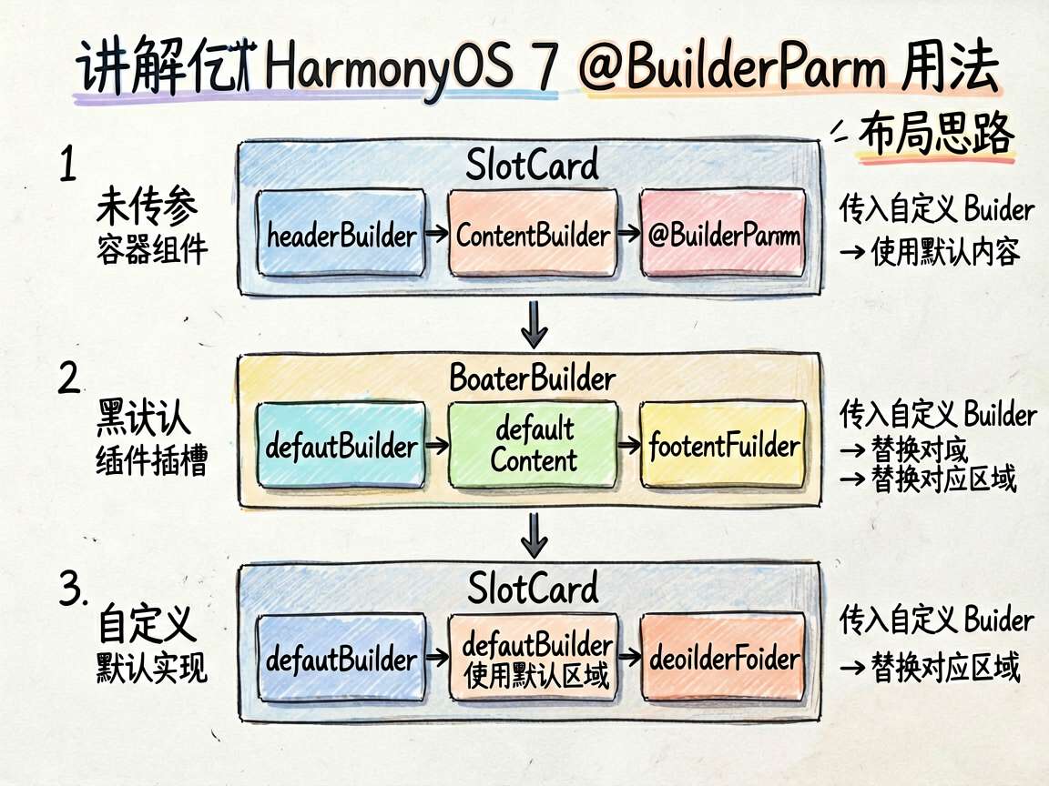 为一篇讲解 HarmonyOS 7 中 @BuilderParam 用法的中文文章生成一张手绘笔记风