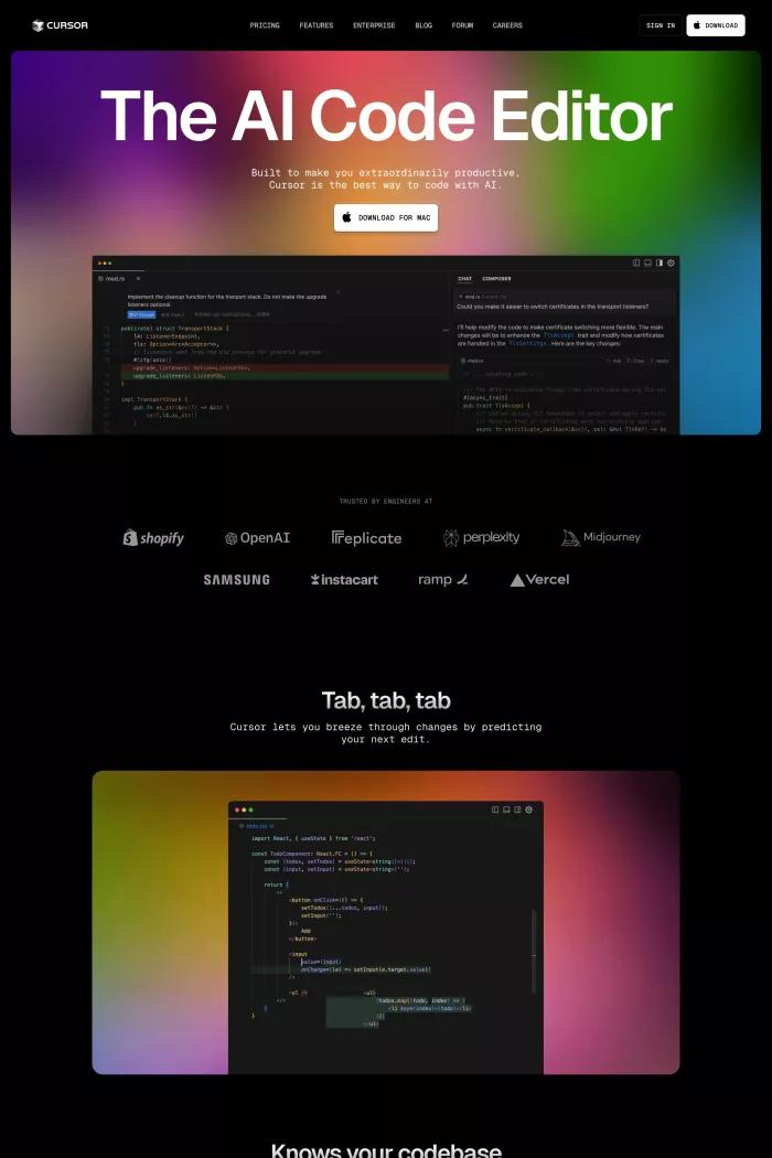 Cursor AI编辑器官网界面截图