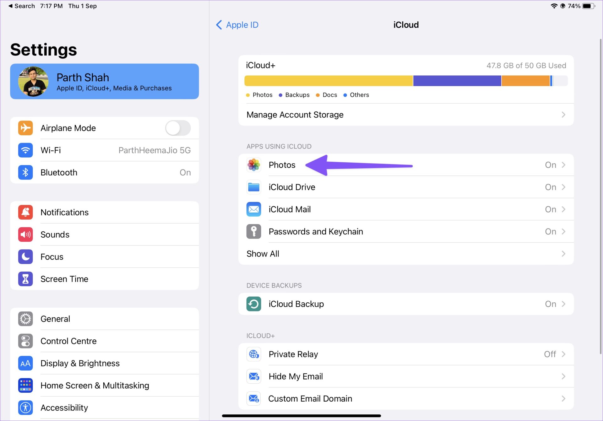 Photos app settings on iPad