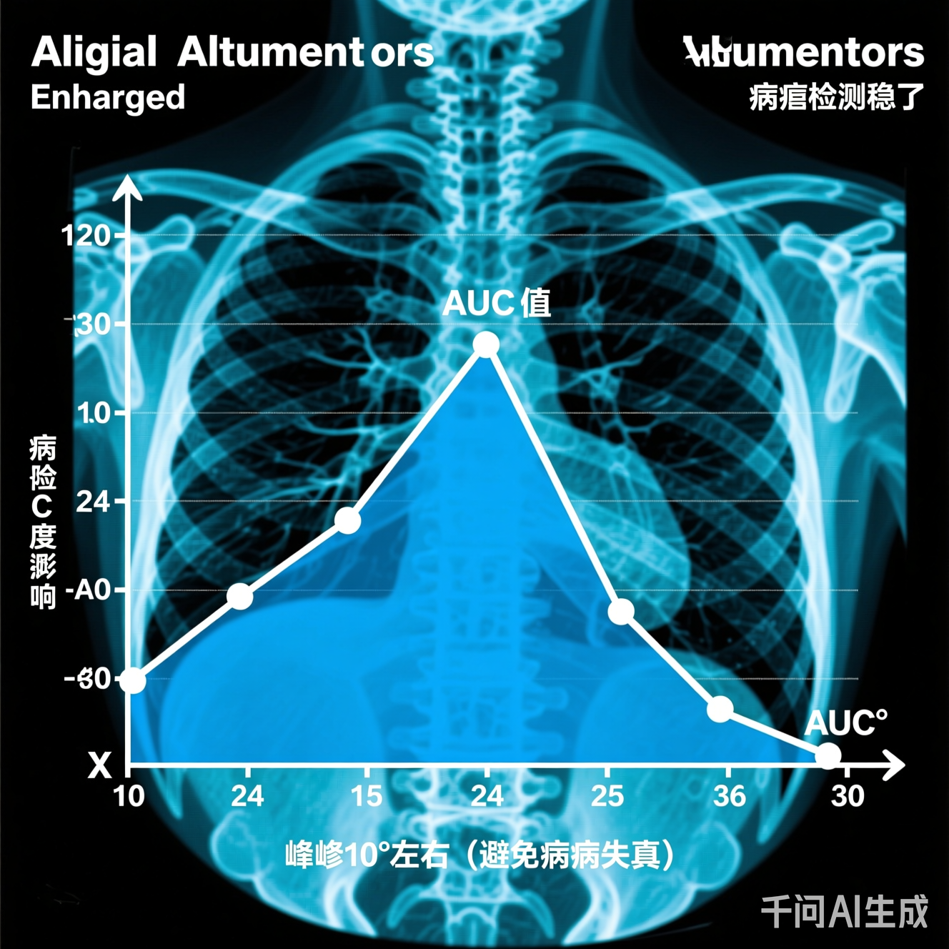 不同增强参数对病灶检测AUC的影响：X轴为旋转角度，Y轴为AUC值，峰值在10°左右（避免病灶失真）