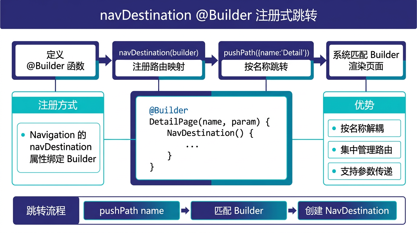 文章配图：navDestination @Builder 的注册机制、严格模式要求、跨模块页面注册以及代码组织的最佳实践