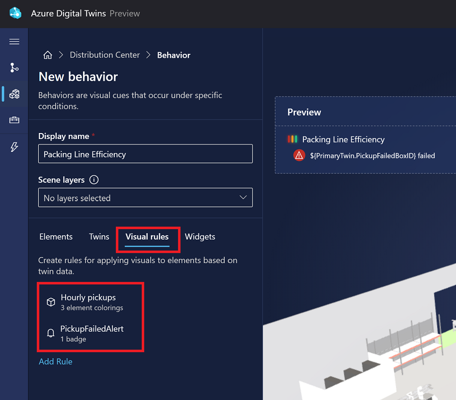3D 场景工作室中已完成的视觉规则的屏幕截图。