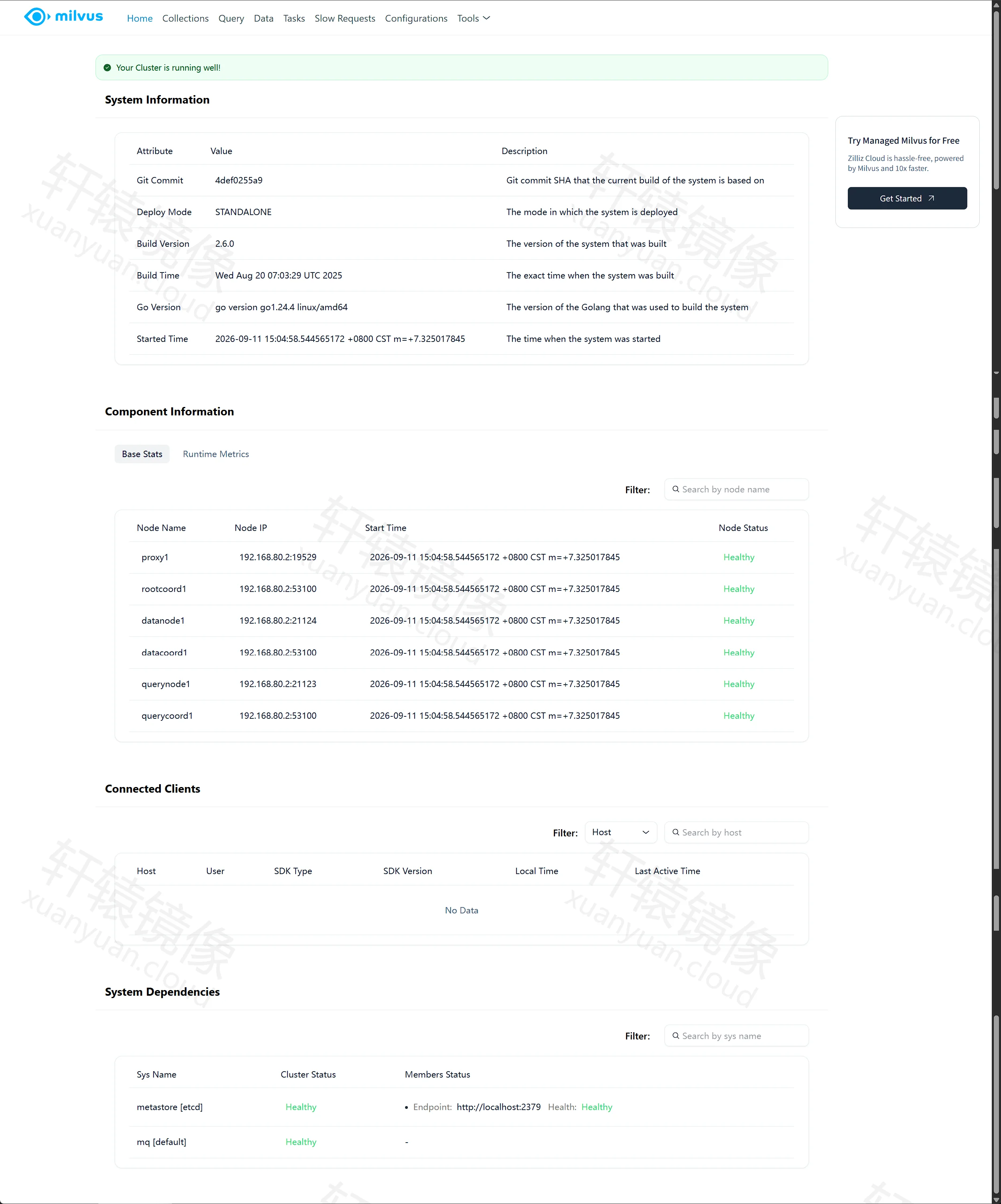 Milvus WebUI 首页：Standalone 2.6.0 集群运行正常，各组件与 etcd/mq 均为 Healthy