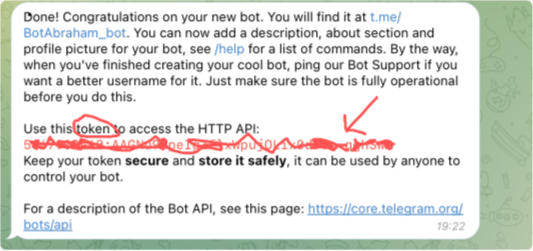 Telegram BotFather 返回 Bot Token 的截图