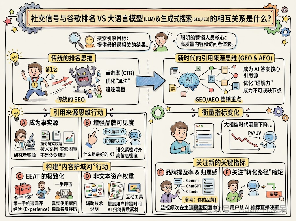 社交信号和谷歌排名 VS 大语言模型（LLM） & 生成式搜索（GEO/AEO）的相互关系是什么？