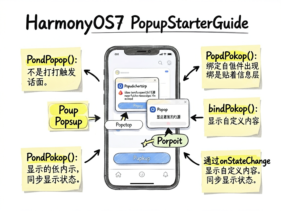 一张手绘笔记风的信息图，主题是 HarmonyOS7 浮层入门：PopupStarterGuide。