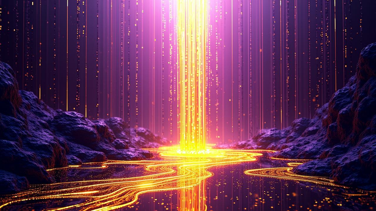 A surreal digital landscape where flowing golden r